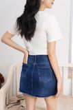 Chân váy mini ôm jean xanh đậm phối quần wash rách