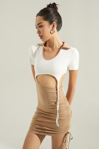 Đầm thun ôm cut-out eo phối dây rút