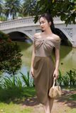 Chân váy xếp ly midi cotton lạnh chéo tà