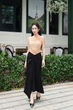 Chân váy midi ôm tuyết mưa phối xếp ly kiểu
