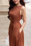 Đầm midi dáng xòe cotton lạnh xếp ly vai