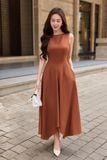 Đầm midi dáng xòe cotton lạnh xếp ly vai