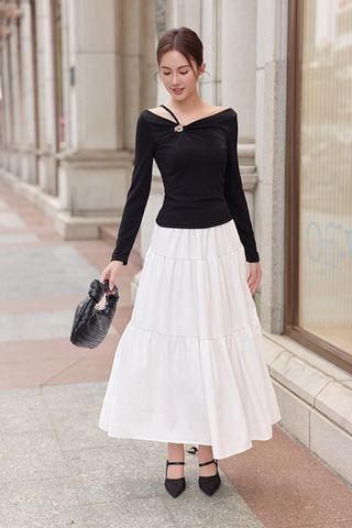 Chân váy xòe nhún tầng midi cotton
