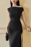 Đầm ôm thun rayon rút nhún dáng midi