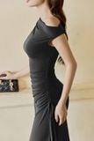 Đầm ôm thun rayon rút nhún dáng midi