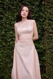 Đầm xòe tơ gân hồng nhún vai cổ xéo dáng midi