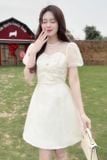 Đầm xòe tafta phối voan kem tay bí dáng midi