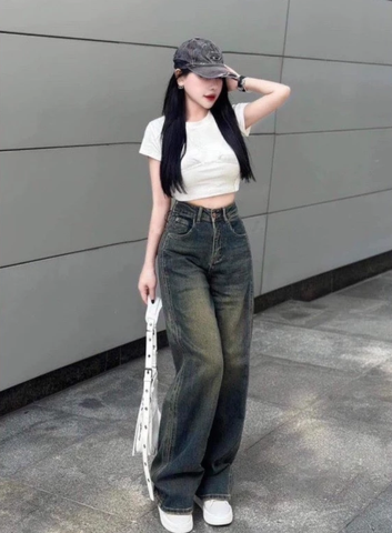 Quần jean ống suông xanh đen cạp cao
