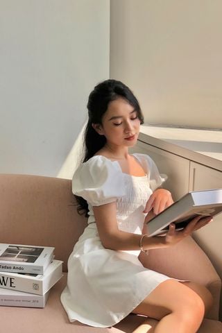 Đầm mini form A lụa mango trắng nhún thân