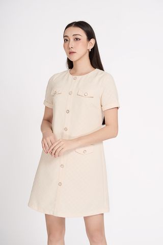 Đầm mini suông xốp dệt nút kiểu