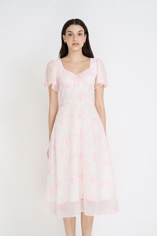 Đầm xoè voan in hoa tay cánh tiên