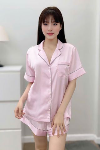 Bộ pyjama ngắn suông lụa tay ngắn viền