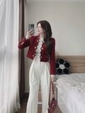 Áo blazer phom rộng tweed đỏ dáng ngắn