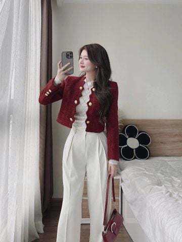 Áo blazer phom rộng tweed đỏ dáng ngắn