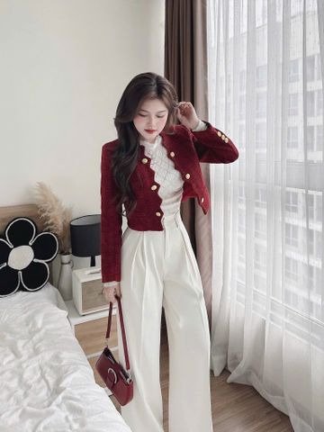 Áo blazer phom rộng tweed đỏ dáng ngắn