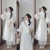 Áo dài suông thêu họa tiết hoa trắng