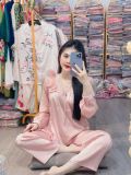 Bộ pijama dài lụa gấm xước cổ phối ren tay dài
