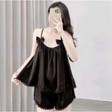 Bộ pyjama hai dây phối nơ ngắn chất lụa satin