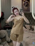 Bộ pyjama hai dây ngắn chất lụa satin cao cấp màu nâu