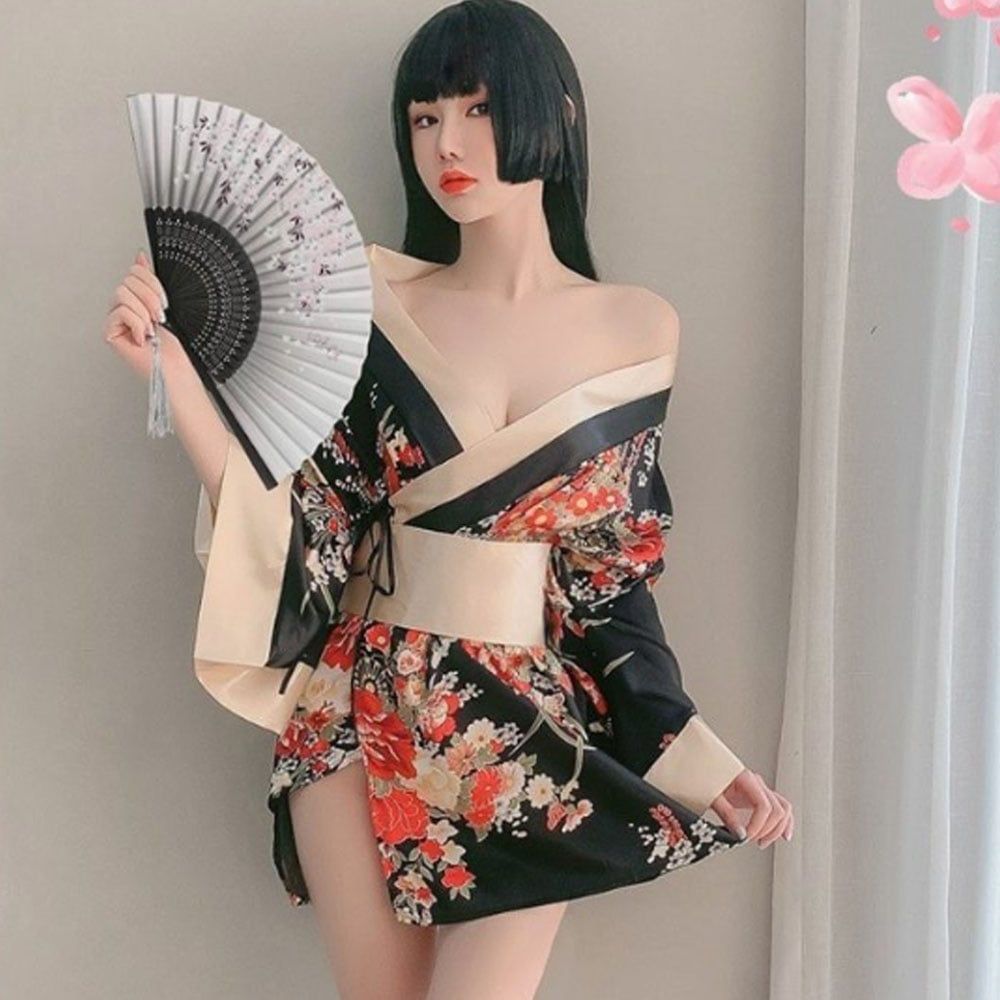 Thời trang sexy cosplay Kimono Nhật Bản cao cấp màu đen KMN04