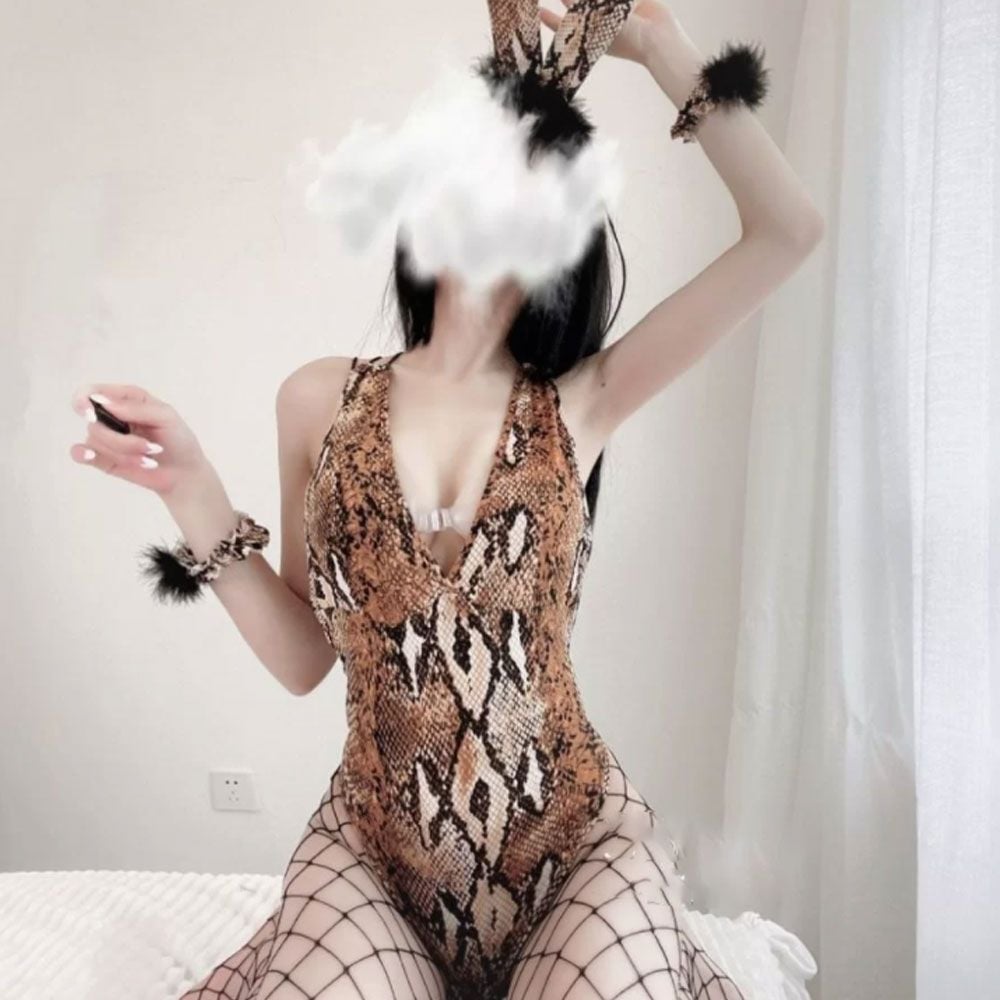 Thời trang sexy cosplay bodysuit nàng thỏ họa tiết rắn nâu NT14