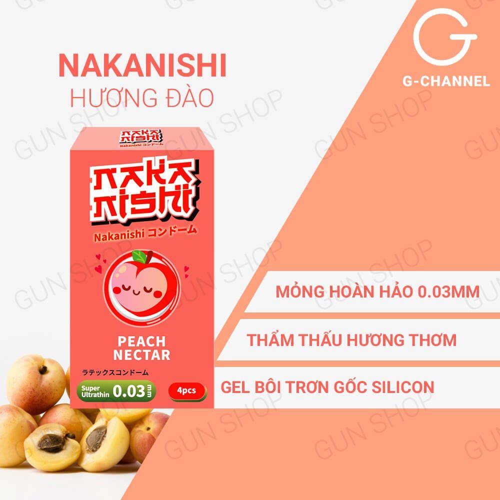 Bao cao su Nakanishi - Siêu mỏng 0.03mm - Hương đào - Hộp 4 cái