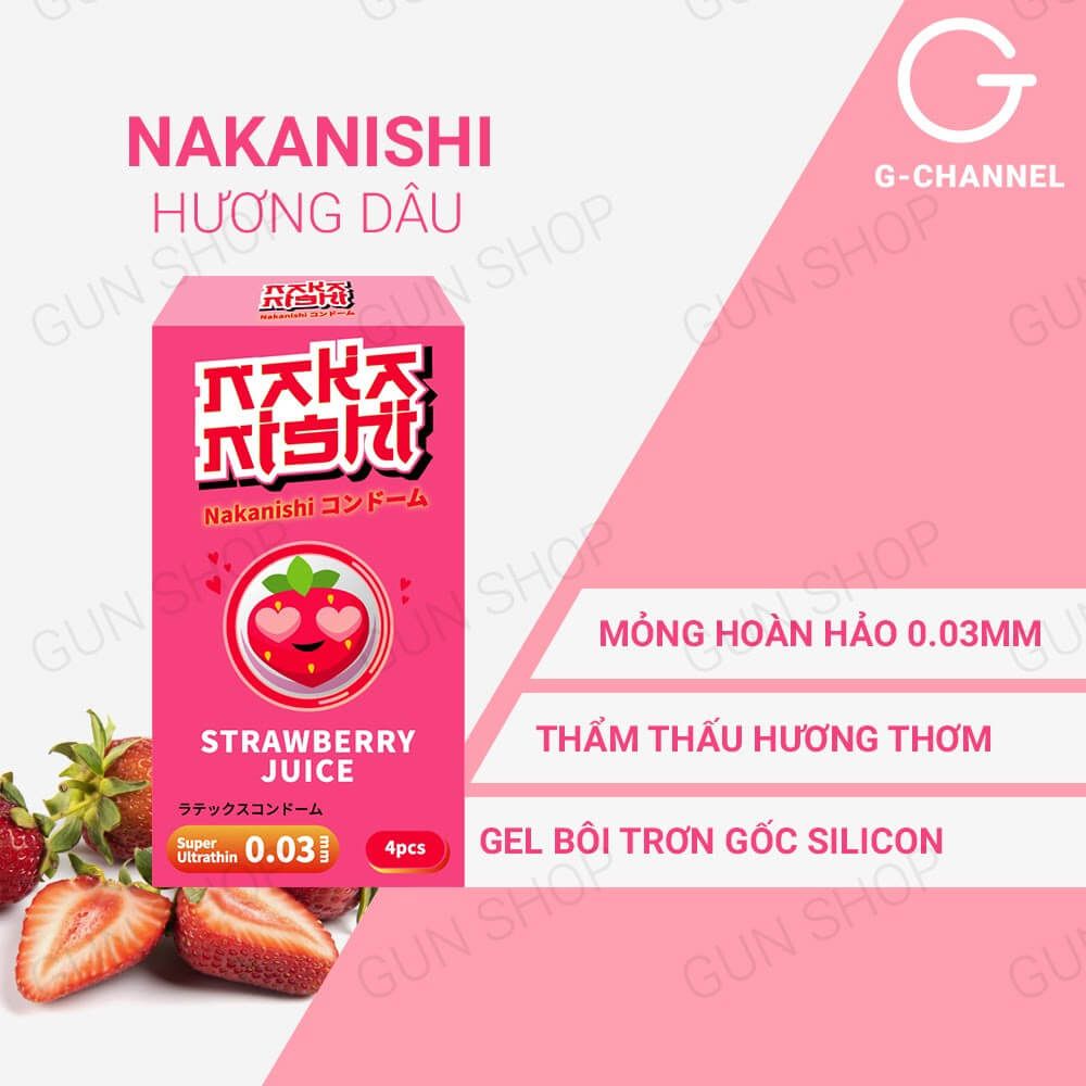 Bao cao su Nakanishi - Siêu mỏng 0.03mm - Hương dâu - Hộp 4 cái