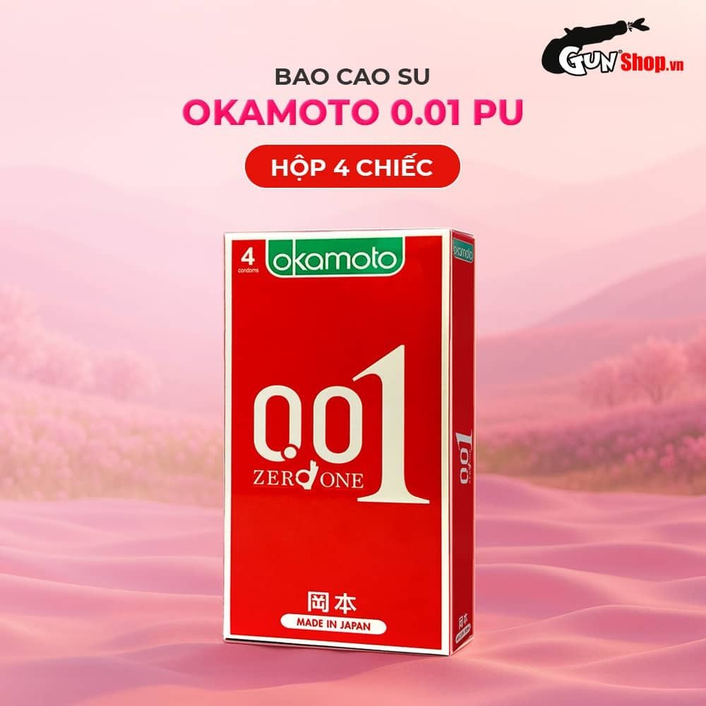 Bao cao su Okamoto 0.01 PU - Siêu mỏng tàng hình, truyền nhiệt chân thật - Hộp 4 cái