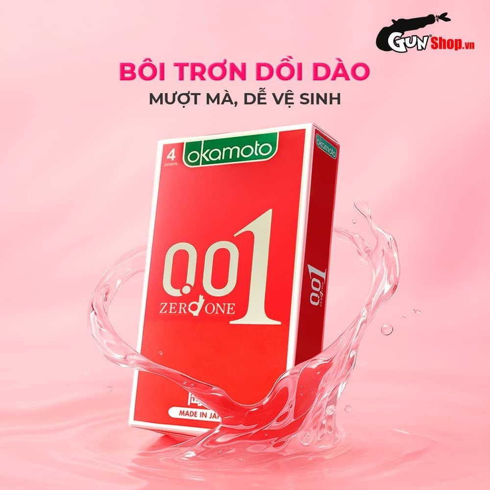 Bao cao su Okamoto 0.01 PU - Siêu mỏng tàng hình, truyền nhiệt chân thật - Hộp 4 cái