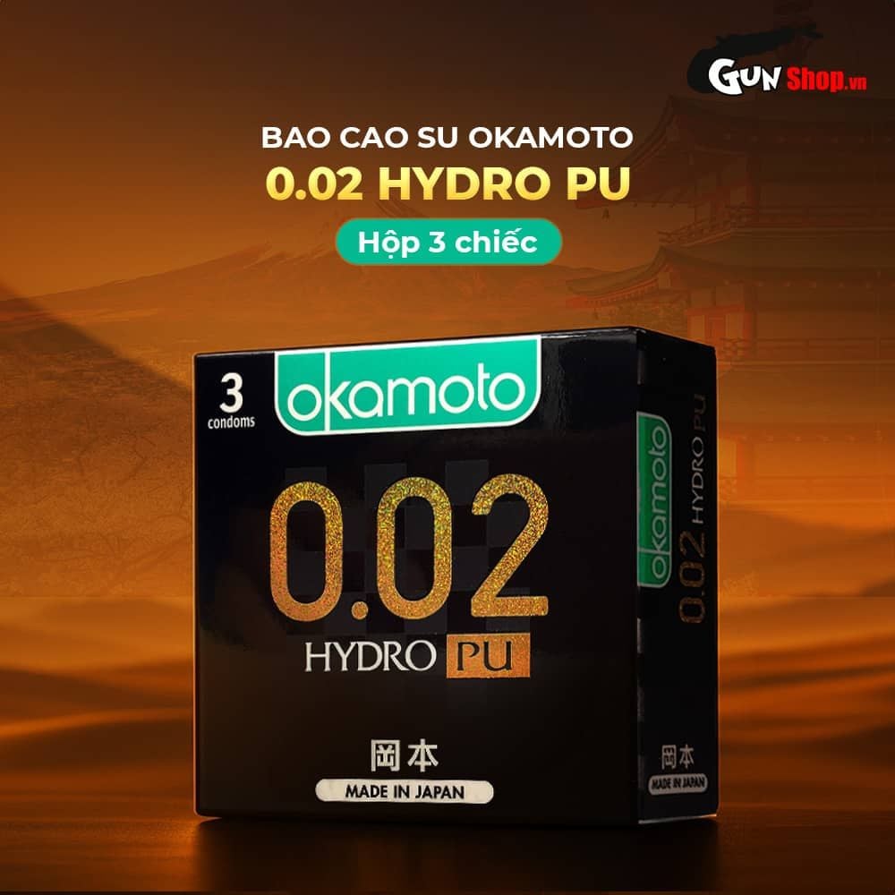 Bao cao su Okamoto 0.02 Hydro PU - Siêu mỏng, truyền nhiệt nhanh - Hộp 3 cái