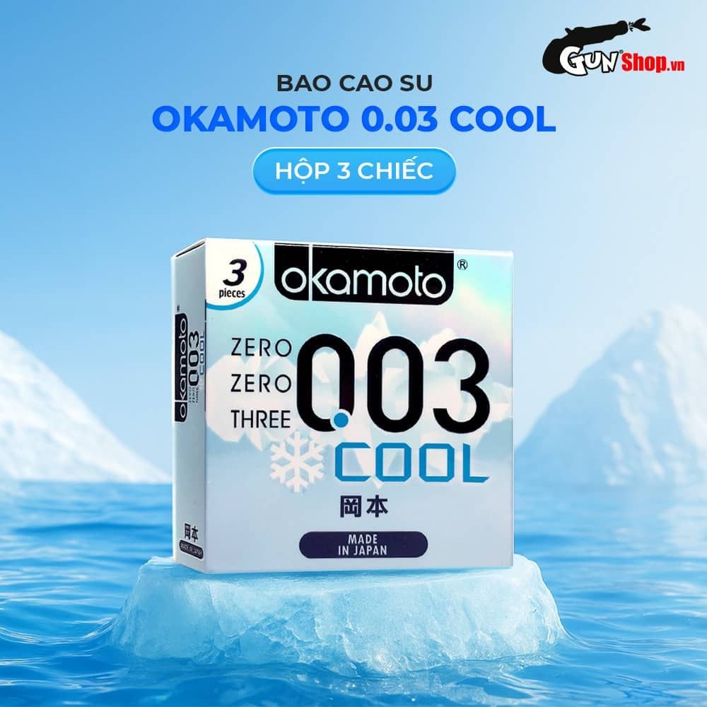 Bao cao su Okamoto 0.03 Cool - Siêu mỏng, mát lạnh, láng mịn - Hộp 3 cái