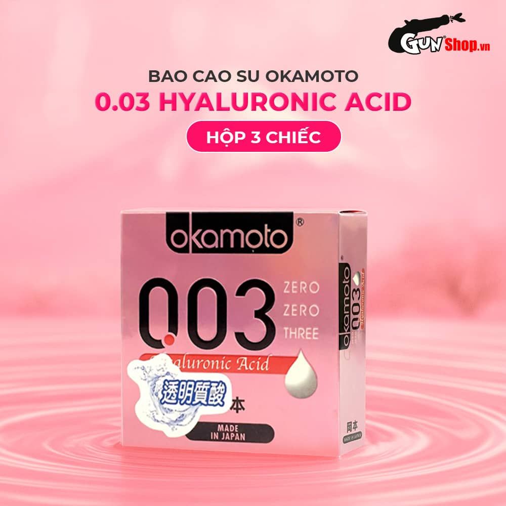 Bao cao su Okamoto 0.03 Hyaluronic Acid - Siêu mỏng, bôi trơn dưỡng ẩm - Hộp 3 cái