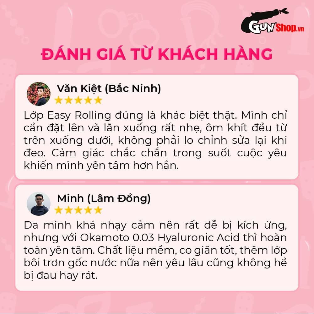 Bao cao su Okamoto 0.03 Hyaluronic Acid - Siêu mỏng, bôi trơn dưỡng ẩm - Hộp 3 cái