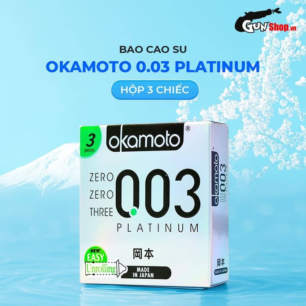 Bao cao su Okamoto 0.03 Platinum - Siêu mỏng, không mùi - Hộp 3 cái