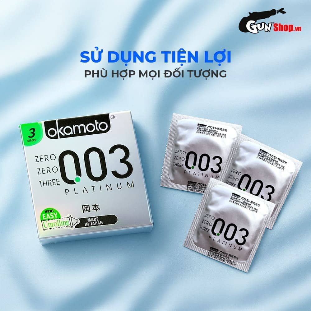 Bao cao su Okamoto 0.03 Platinum - Siêu mỏng, không mùi - Hộp 3 cái