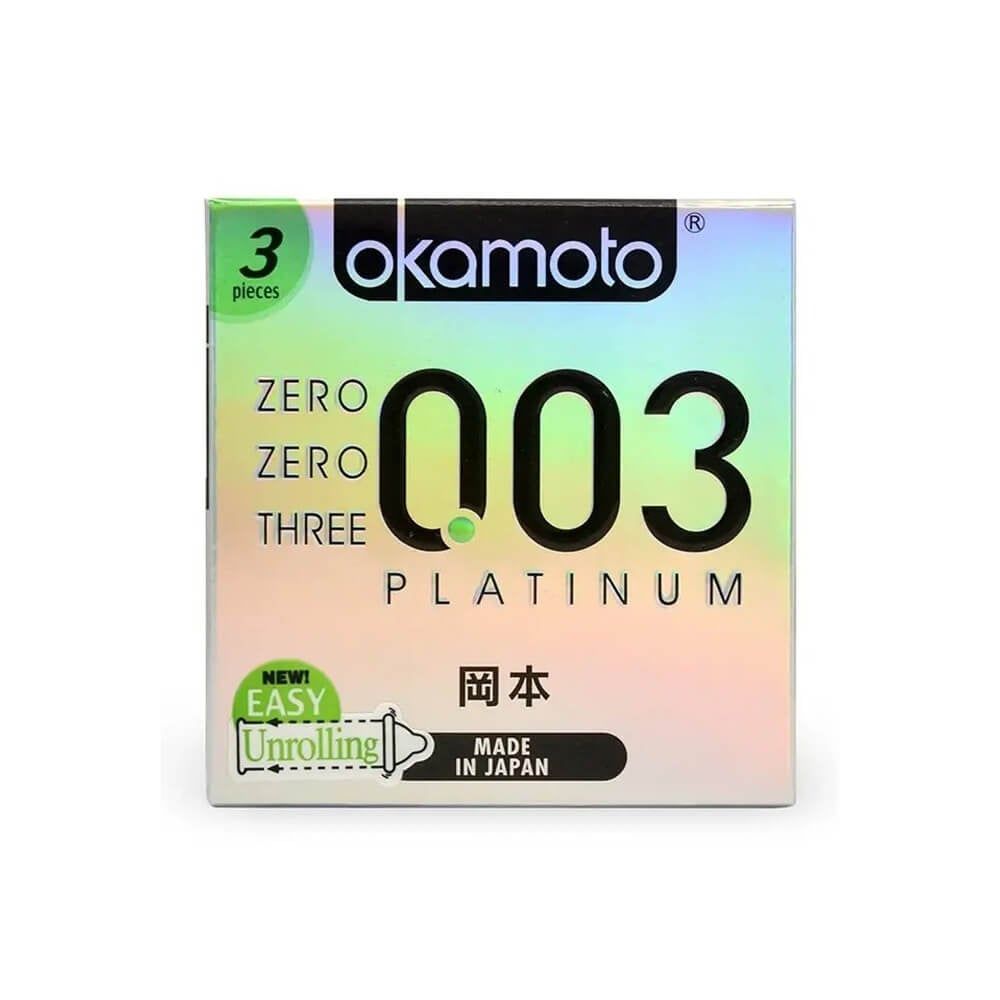 Bao cao su Okamoto 0.03 Platinum - Siêu mỏng, không mùi - Hộp 3 cái