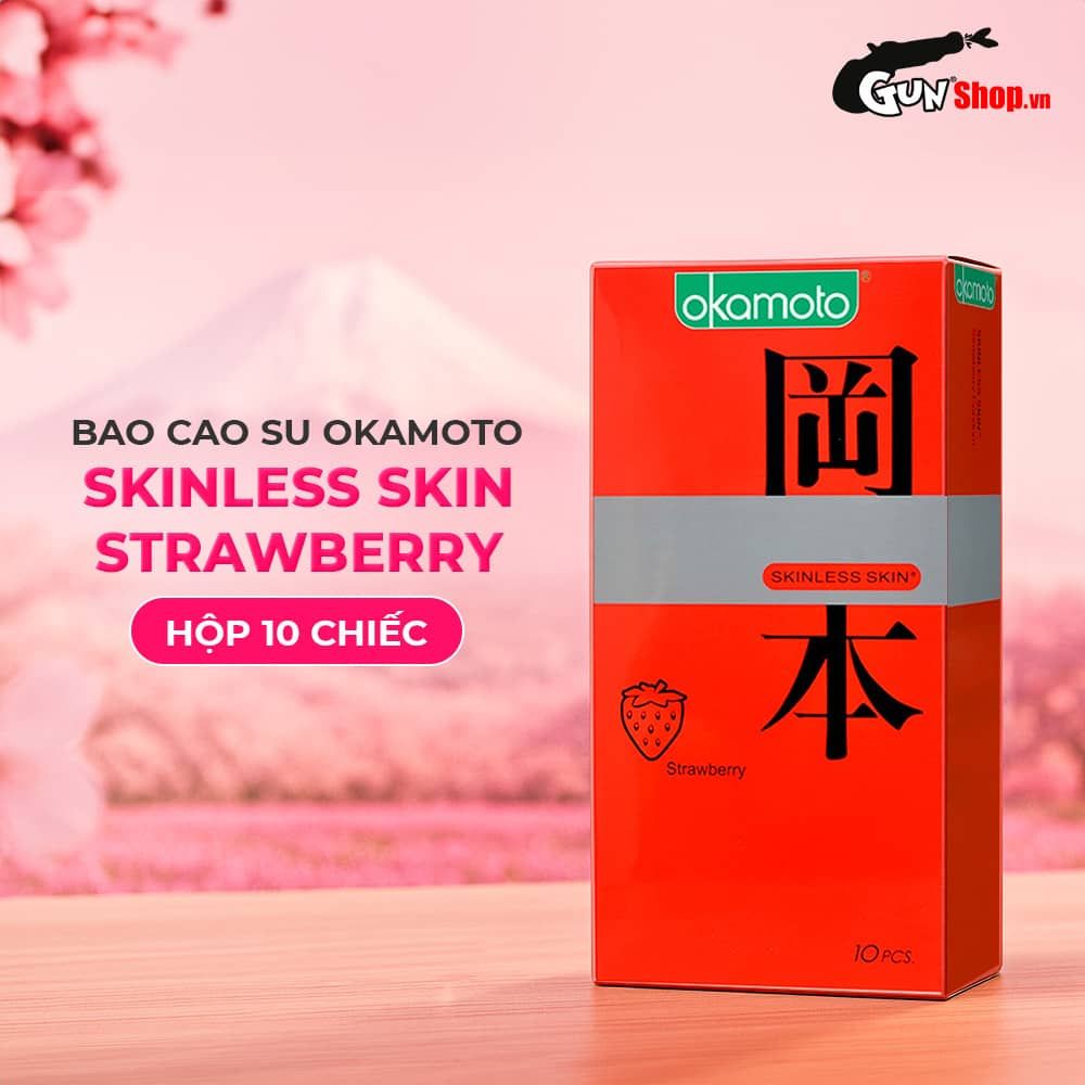 Bao cao su Okamoto Skinless Skin Strawberry - Hương dâu, mềm mại - Hộp 10 cái