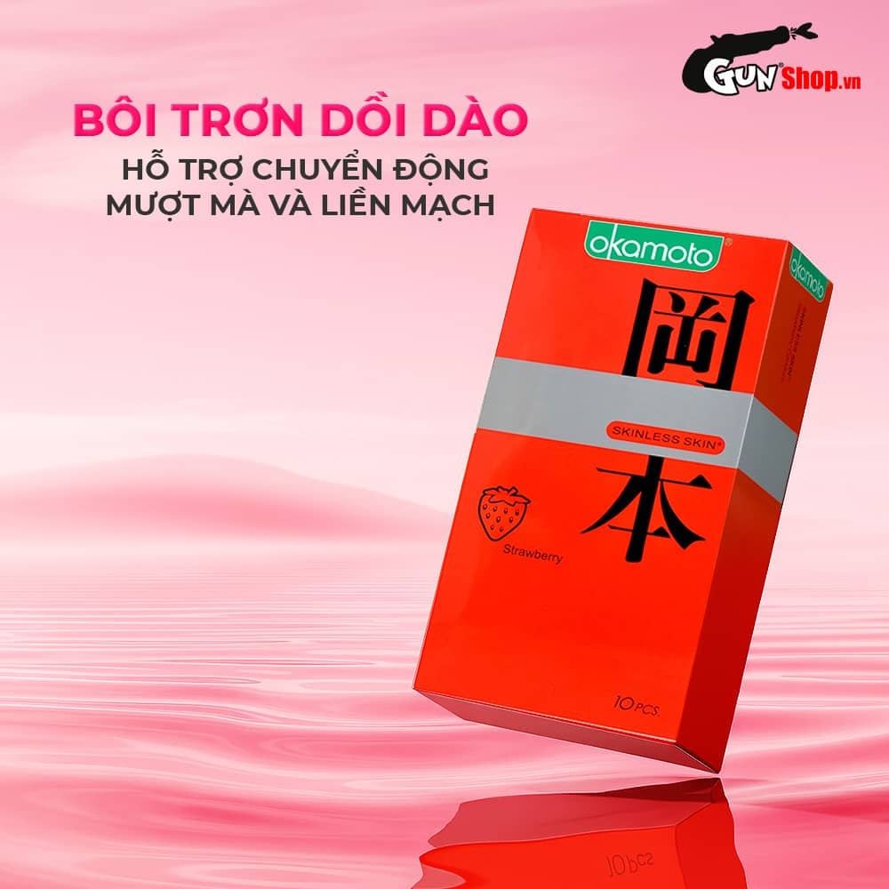 Bao cao su Okamoto Skinless Skin Strawberry - Hương dâu, mềm mại - Hộp 10 cái