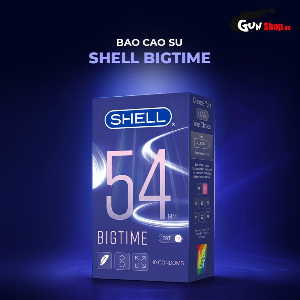 Bao cao su Shell Bigtime - Size 54mm, siêu mỏng, chống tuột, kéo dài thời gian - Hộp 10 cái