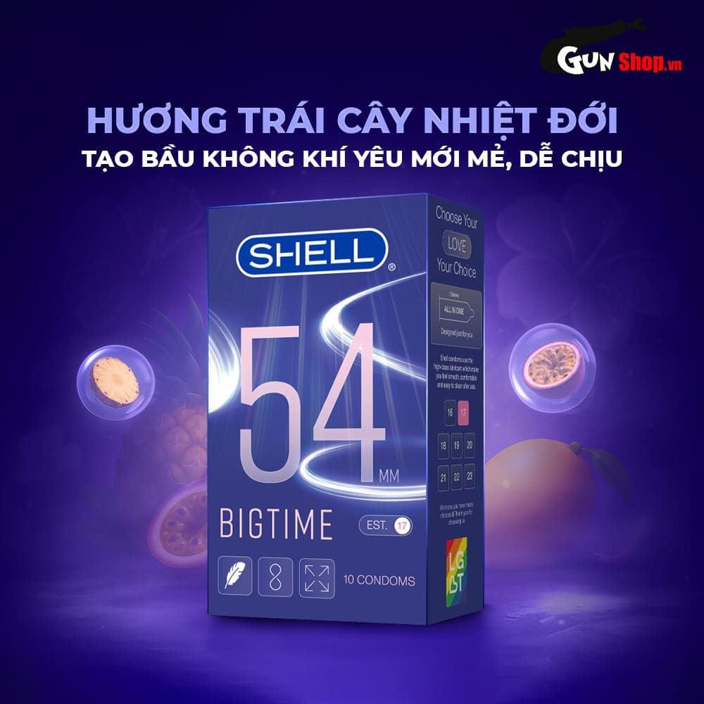 Bao cao su Shell Bigtime - Size 54mm, siêu mỏng, chống tuột, kéo dài thời gian - Hộp 10 cái