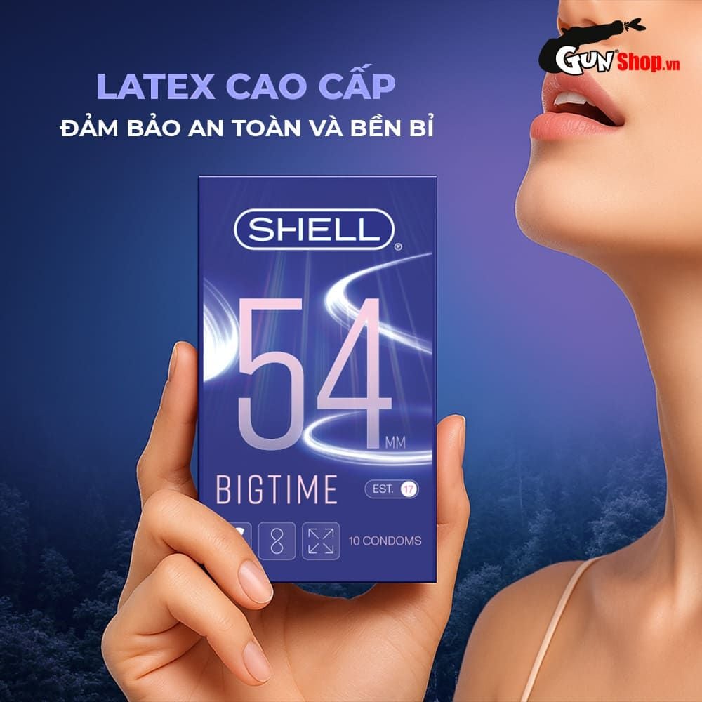 Bao cao su Shell Bigtime - Size 54mm, siêu mỏng, chống tuột, kéo dài thời gian - Hộp 10 cái
