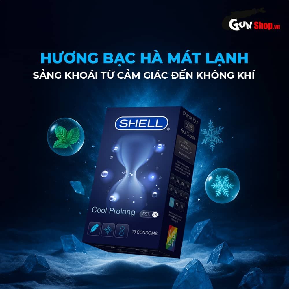 Bao cao su Shell Cool Prolong - Siêu mỏng, kéo dài thời gian, bạc hà mát lạnh - Hộp 10 cái