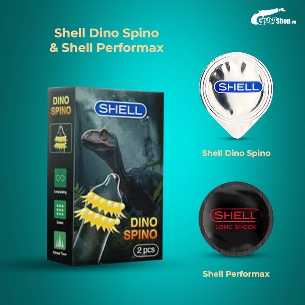 Bao cao su Shell Dino Spino - Hộp 1 bao 2 vòng gai, bi nổi lớn + 1 bao Shell Performax (Hộp 2 cái)