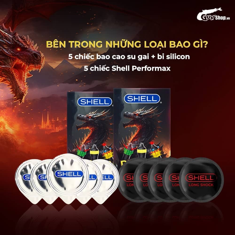 Bao cao su Shell Dragon Fire - Hộp 5 bao gai, bi nổi lớn + 5 bao Shell Performax (Hộp 10 cái)