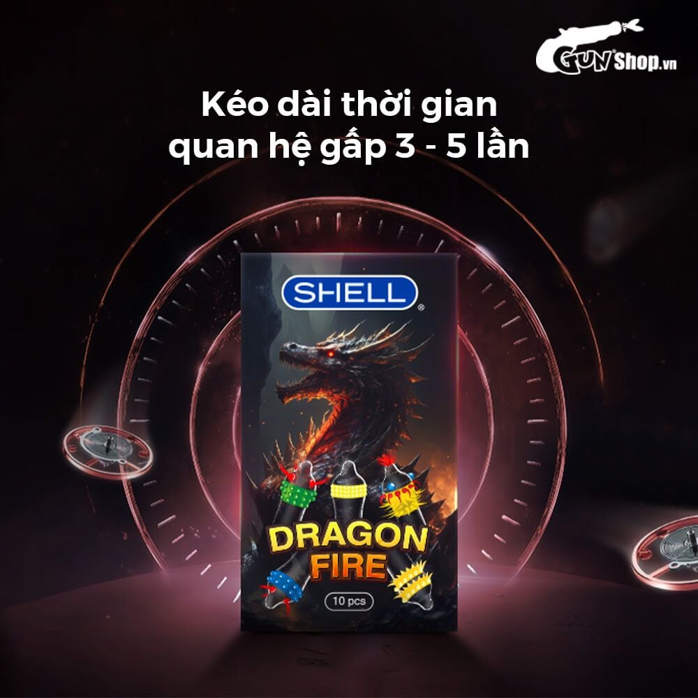 Bao cao su Shell Dragon Fire - Hộp 5 bao gai, bi nổi lớn + 5 bao Shell Performax (Hộp 10 cái)