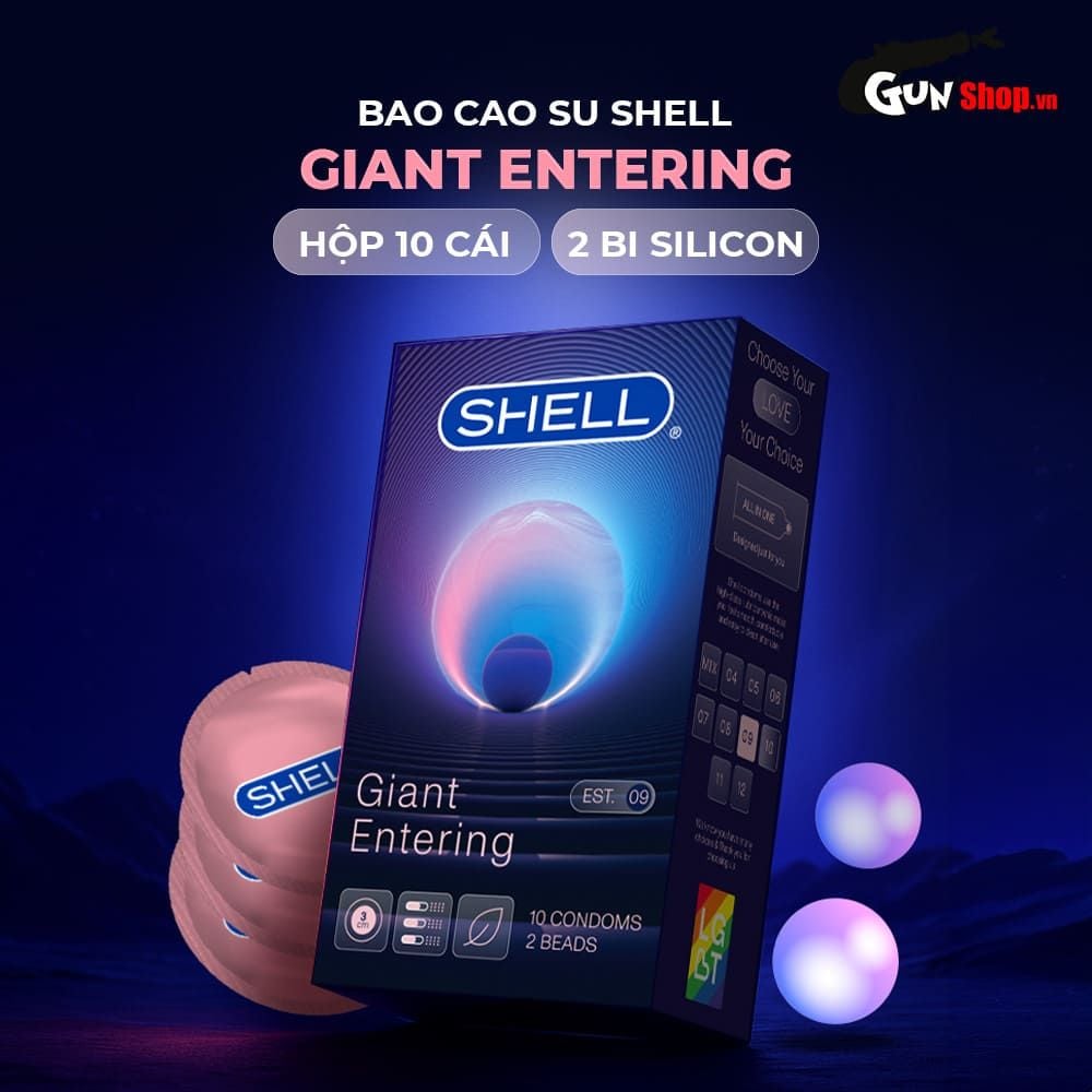 Bao cao su Shell Giant Entering - Gân nổi, bi tăng 3cm - Hộp 10 cái