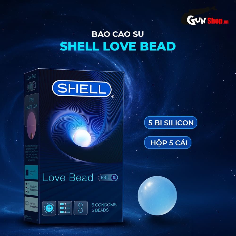 Bao cao su Shell Love Bead - Gân nổi, kéo dài thời gian, bi tăng 1.5cm - Hộp 5 cái