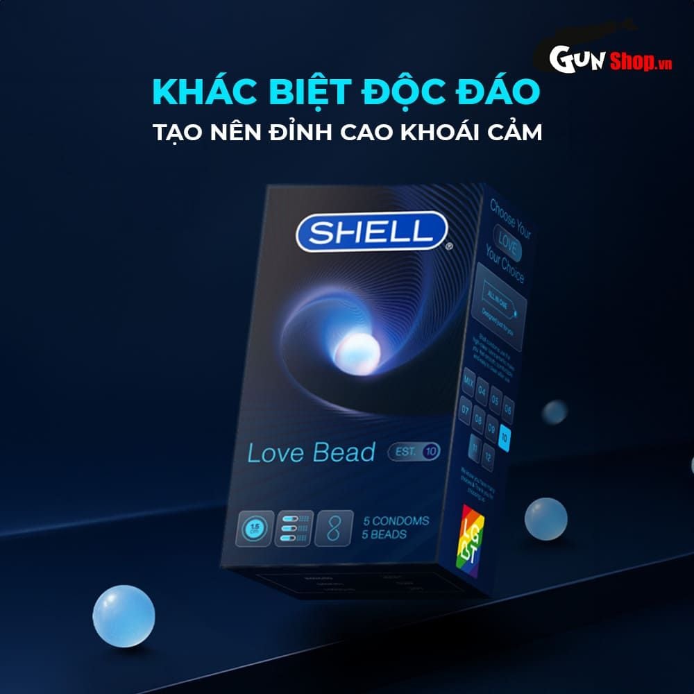 Bao cao su Shell Love Bead - Gân nổi, kéo dài thời gian, bi tăng 1.5cm - Hộp 5 cái