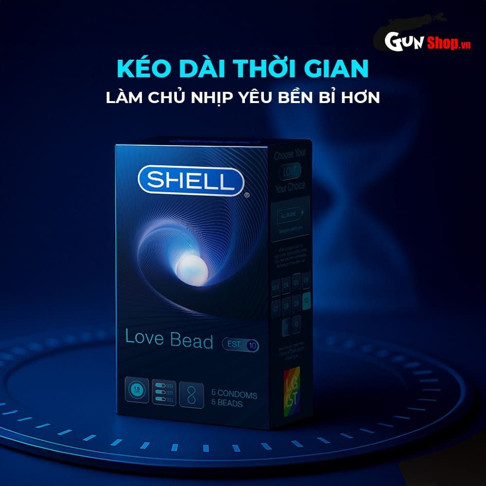 Bao cao su Shell Love Bead - Gân nổi, kéo dài thời gian, bi tăng 1.5cm - Hộp 5 cái