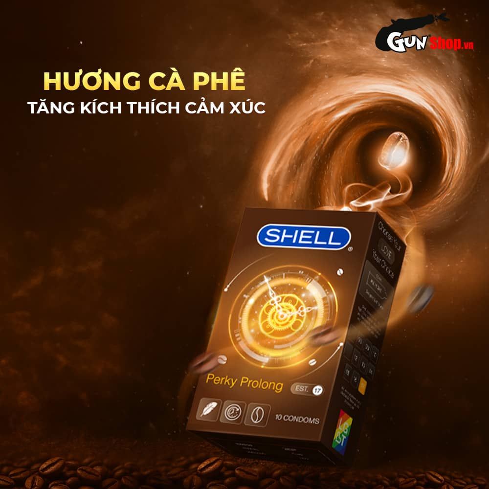 Bao cao su Shell Perky Prolong - Siêu mỏng, kéo dài thời gian, hương cà phê - Hộp 10 cái